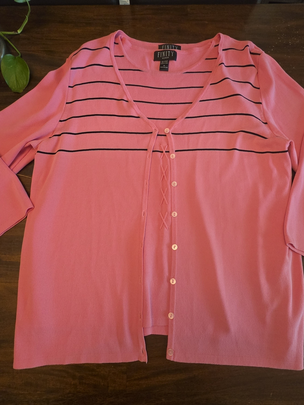 Finity Woman Plus Size 1X Pink Knit 2-Piece Twinset Cardigan & Striped Tank Set
